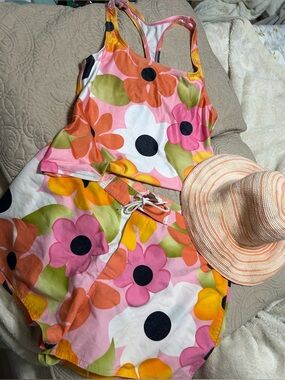 Vintage Catalina Pink Orange Green Floral Tankini and Swim Shorts Set